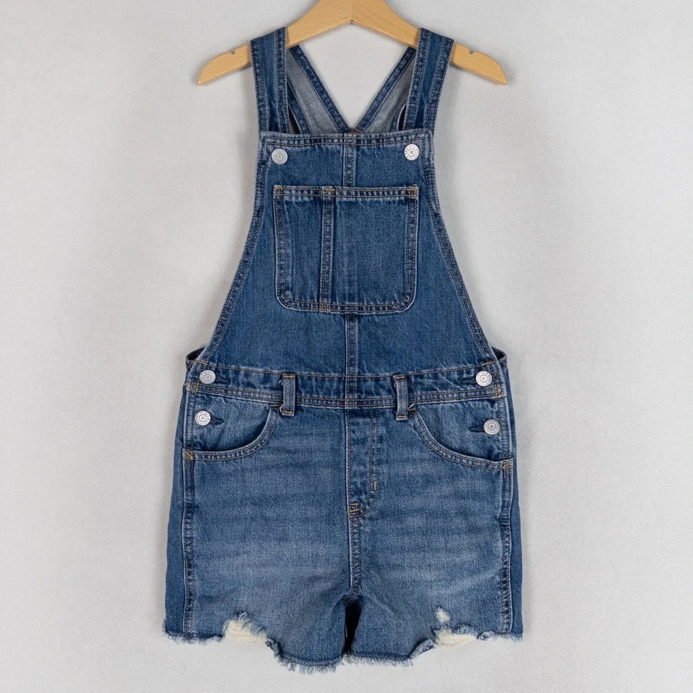 Old Navy Girls Denim Shortalls Size 8 Blue Distressed Frayed Hem Bib Overalls
